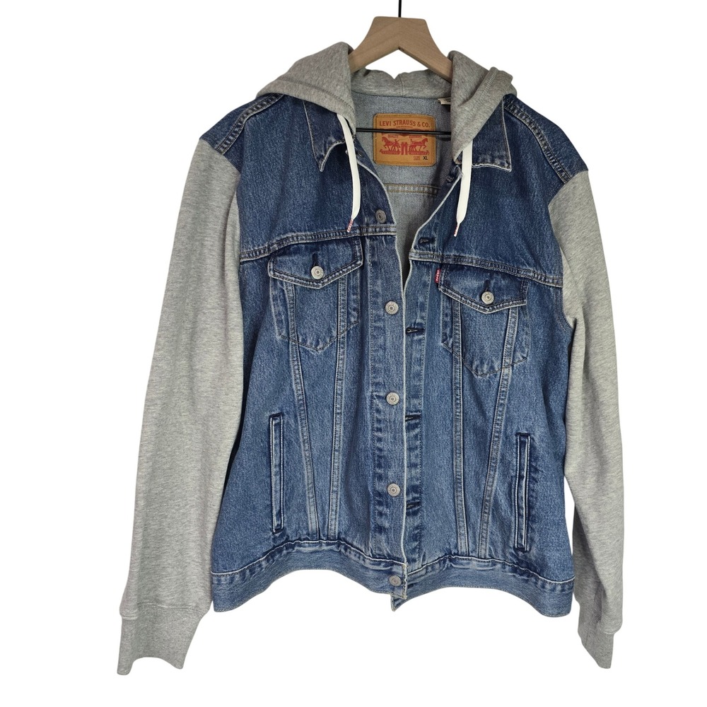 Levi's Hybrid Hooded Trucker Jacket Men XL Blue Denim Grey Fleece Streetwear - Picture 1 of 4